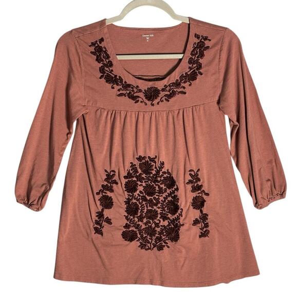 Garnet Hill Sz XS Folkloric Boho‎ Floral Embroidered Swing Top 3/4 Bishop Sleeve - Picture 1 of 10